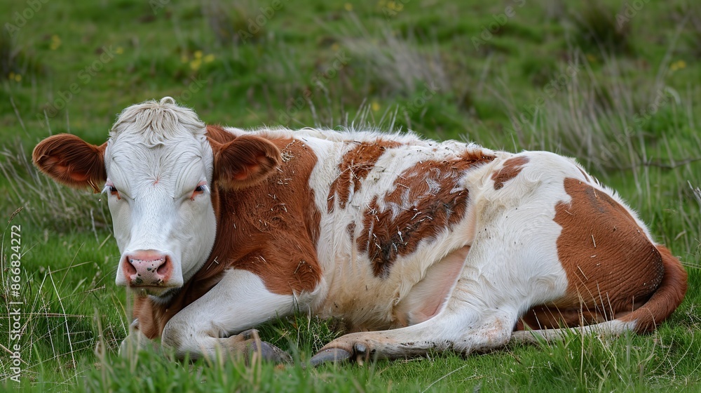 Wall mural a relaxed brown and white calf resting in a field