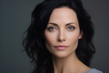 Obraz premium Beautiful woman in her 40s or 50s with black hair and green eyes in front of studio background