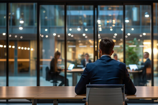 Back view of businessman having meeting with employees in conference room with laptop computer.