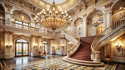 Obraz premium Opulent ballroom features majestic stucco molding, ornate artistic designs, crystal chandeliers, and a grand staircase, exuding luxury and sophistication in a lavish atmosphere.
