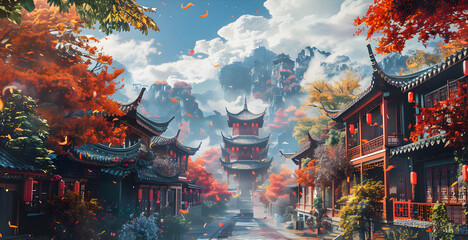 Obraz premium Panoramic view of a traditional Chinese village nestled amidst lush autumn foliage and towering mountains