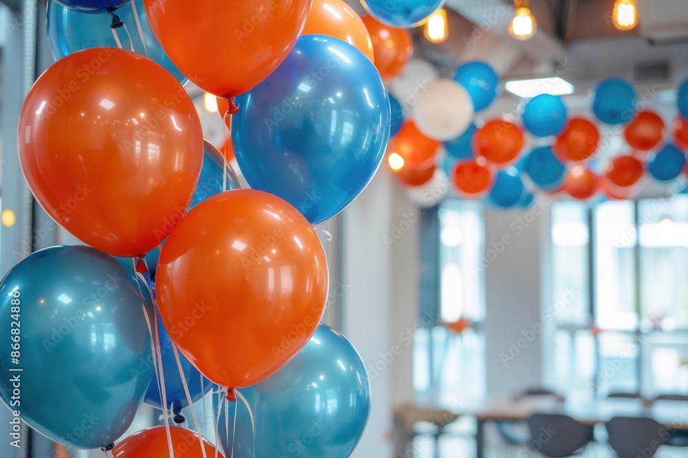 Poster a close-up shot of orange and blue balloons decorating an office event. the balloons are hanging fro