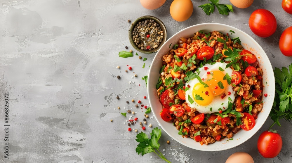 Poster minced meat cooked with tomatoes eggs parsley and pepper displayed on a neutral background top down 