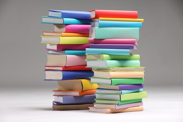 Stacks of colorful books on light grey background