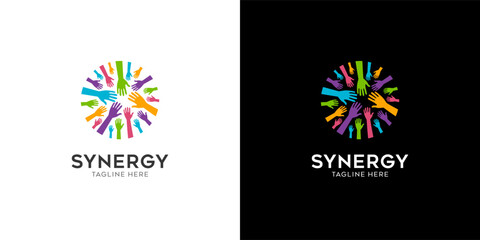 Synergy logo, concept of two or more entities working together. Interlocking circles symbolize the coming together of various elements