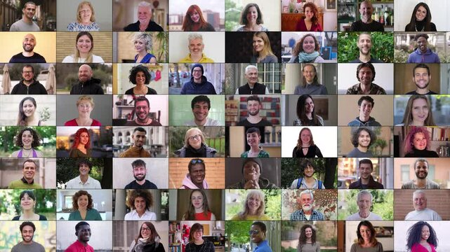 A multiscreen featuring 64 people from various backgrounds and ages, all smiling. This vibrant collage captures the essence of joy and the beauty of diversity through a range of happy expressions.