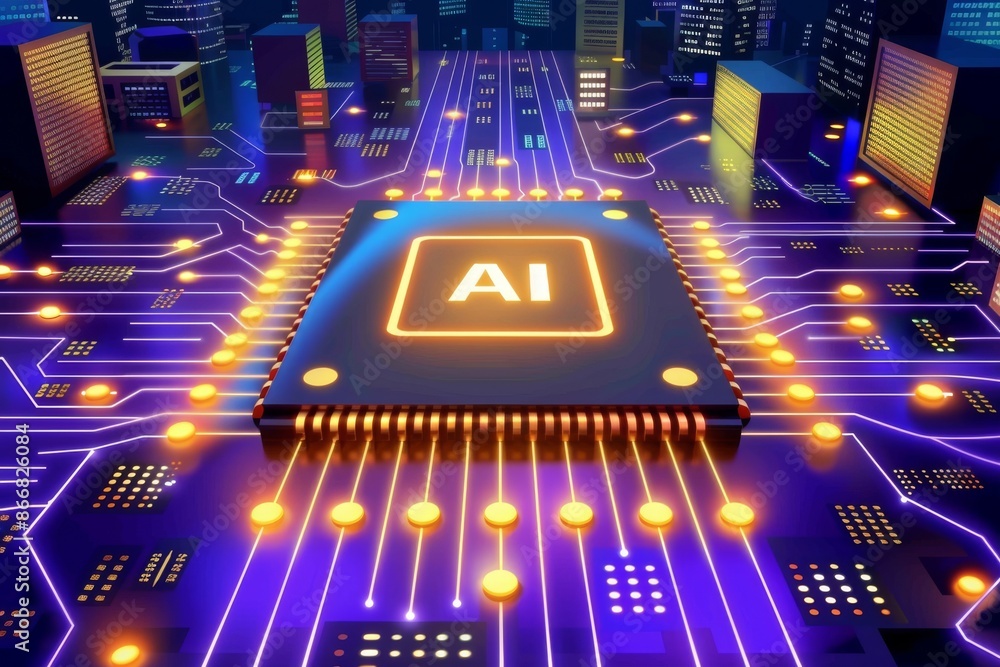 Poster futuristic ai chip surrounded by glowing circuitry in high tech laboratory setting