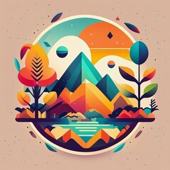 logo voyage montagne, nature, arbres et lac en dessin ia