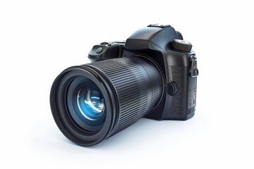 Fototapeta premium a digital camera with a zoom lens, isolated on a white background