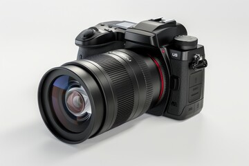 Fototapeta premium a digital camera with a zoom lens, isolated on a white background