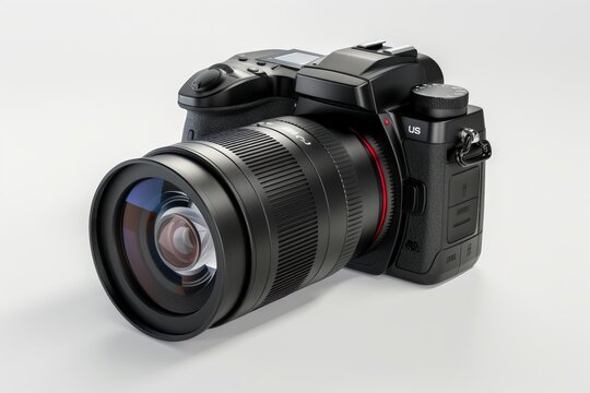 a digital camera with a zoom lens, isolated on a white background