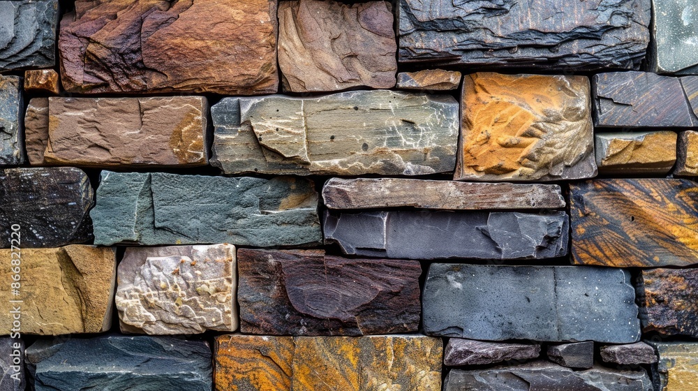 Poster arrangement of diverse stone bricks in staggered layout with space for text