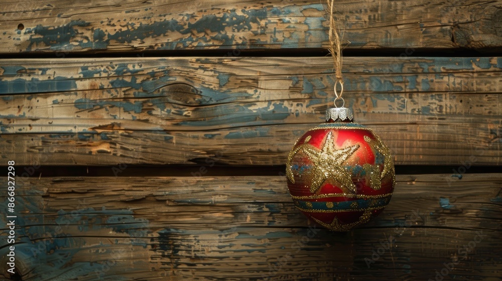 Poster Handcrafted New Year ornament on weathered wooden backdrop