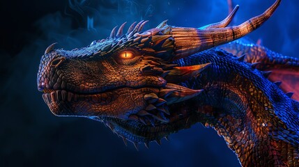 A large dragon inspired by the dragon house on a black blue background, cinematic photography