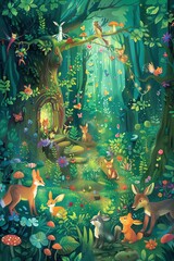 Children's book illustration of a magical forest with talking animals, fairy tale elements, and bright colors