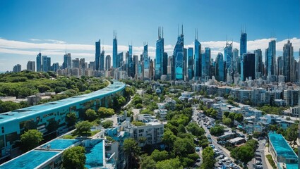 Capturing the essence of a digital technological connected modern small city emerging from a vibrant circuit board, shades of blue and green 