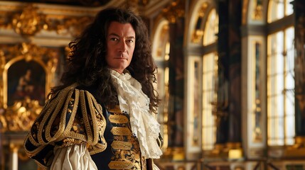 Naklejka premium Witness majestic court of Louis XIV at the Palace of Versailles with lavish costumes grand architecture and intricate gardens ideal for lovers of French history and opulence