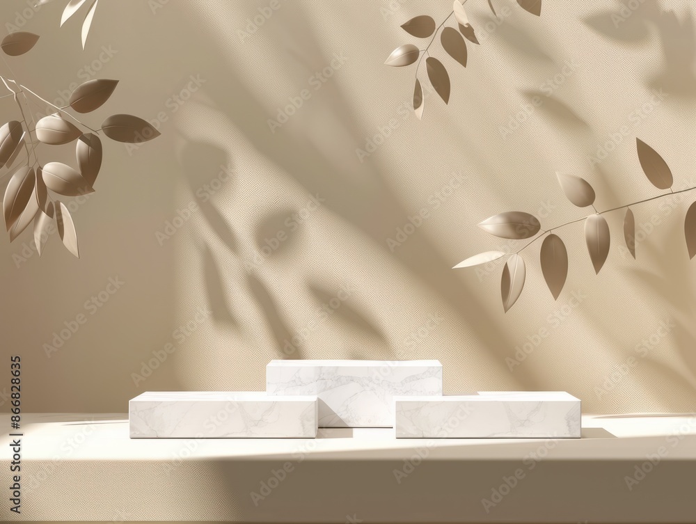 Poster abstract minimal nature scene - empty stage with three white rectangle podiums on beige background a