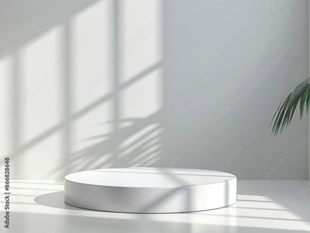 Poster abstract white round stand for product presentation on white background, empty room with shadows on 