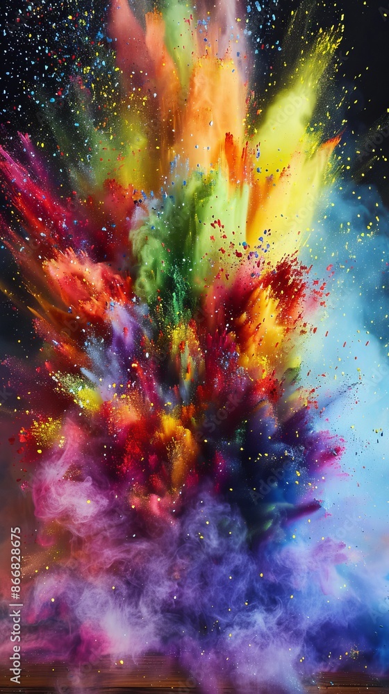 Poster cloud of colorful powder exploding against a black background, creating an abstract and vibrant desi