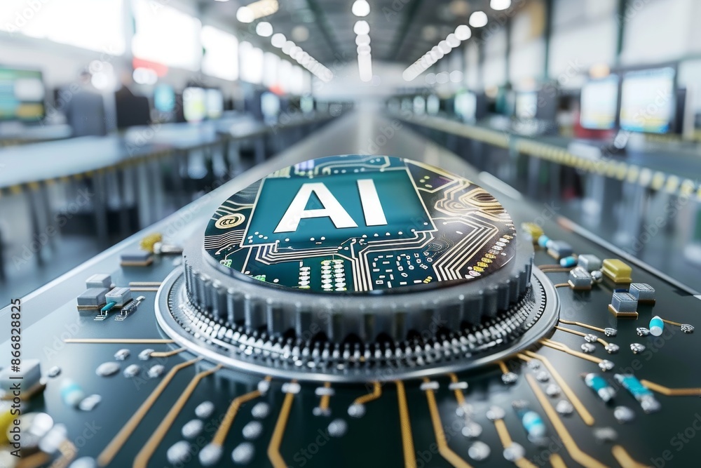 Poster futuristic ai processor chip with glowing circuitry in modern laboratory setting