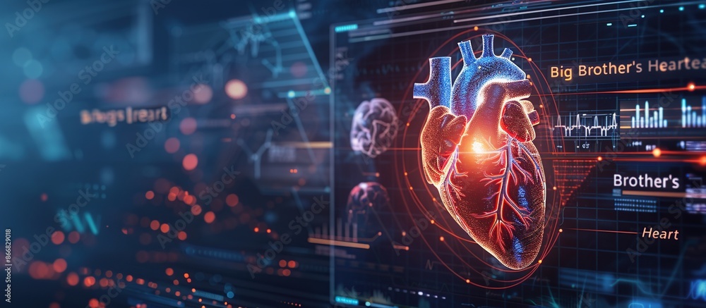 Poster abstract digital human heart with medical symbols and data visualizations on a dark background.