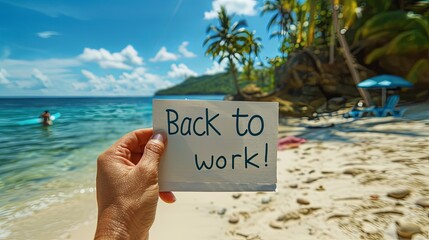 A hand holding a "Back to Work" sign at the beach, symbolizing the end of vacation and the return to work routine.