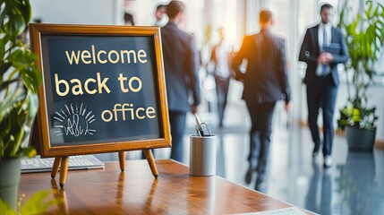 A "welcome back to office" sign in a corporate setting, symbolizing the returning to work.