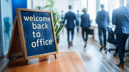 A "welcome back to office" sign in a corporate setting, symbolizing the returning to work.