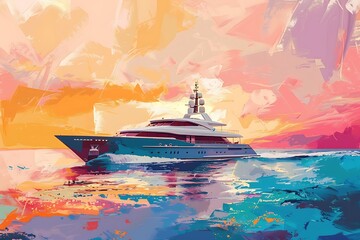 A color-blocked abstract of a luxury yacht on the open sea