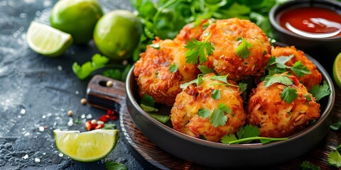 Fototapeta premium Brazilian Delicacy Fried Codfish Fritters with Lime Hot Sauce. Concept Brazilian Cuisine, Codfish Fritters, Lime Hot Sauce, Foodie Experience, Traditional Delicacy