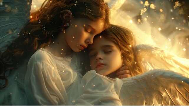 an ethereal angel tenderly embracing a young girl, with the angel's large wings wrapped around her, little girl appears to be sleeping peacefully,dreamy 