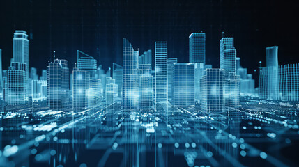 3D Rendering of visual city. Hologram of urban city area in dark mode. 