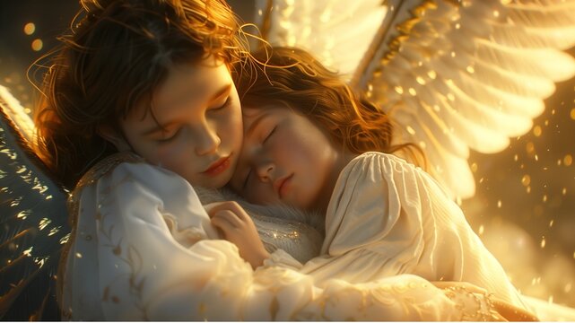 an ethereal angel tenderly embracing a young girl, with the angel's large wings wrapped around her, little girl appears to be sleeping peacefully,dreamy 