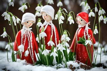 Obraz premium Red and white symbol of the holiday March 1 Martenitsa, figures of a boy and a girl with bouquets of snowdrop flowers.