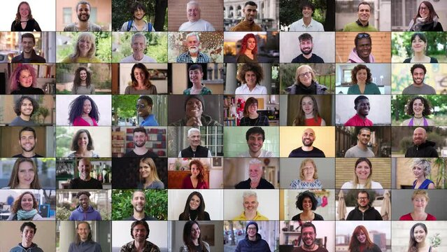 A vibrant multiscreen showcasing the smiles of 64 diverse individuals. The collection includes people of various ages and ethnic backgrounds, all radiating happiness and positivity.