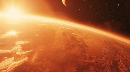 A stunning view of Marss surface bathed in the warm glow of sunrise. The rusty landscape and a sliver of the moon create an ethereal scene