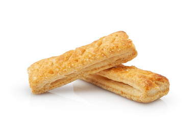 Crispy puff pastry sprinkled with sugar isolated on white background                       
