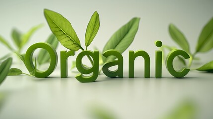 Elegant and simple &ldquo;Organic&rdquo; display in sleek green letters with a small leaf icon. Minimalistic style, bright and light, isolated on a white background with perfect white balance for clarity.
