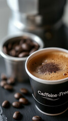 Elegant and minimalistic design of the abbreviation “Caffeine-Free” in sleek, silver letters with a small crossed-out coffee bean icon. Bright and light, isolated on a white background with perfect wh