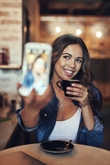 Woman, coffee and selfie smile in cafe for social media post, communication and happy memory. Female person, food influencer and picture or live streaming for daily vlog, blog update and camera app