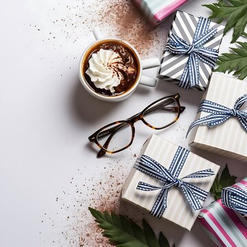 father's day cup of coffee and gift boxes, coffee, cup, food, christmas, drink, cake, breakfast, gift, brown, sweet, holiday, tea, decoration, dessert, chocolate, bow, table, sugar, ribbon, hot, bever