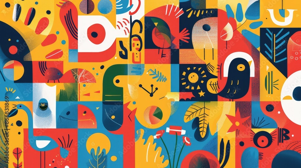Poster colorful abstract background with dynamic shapes, brush strokes, and playful patterns for creative d