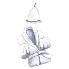 Set of bathrobe and bath cap in watercolor illustration on a white background. Hand-drawn illustration for advertising spa treatments, swimming pools, sauna, bathhouse, hammam.