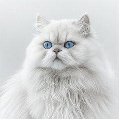 a Persian cat with fluffy white fur and deep blue eyes.