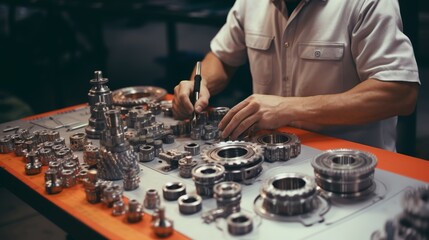 Engineering technician designs mechanical blueprints with caliper tools for industry projects