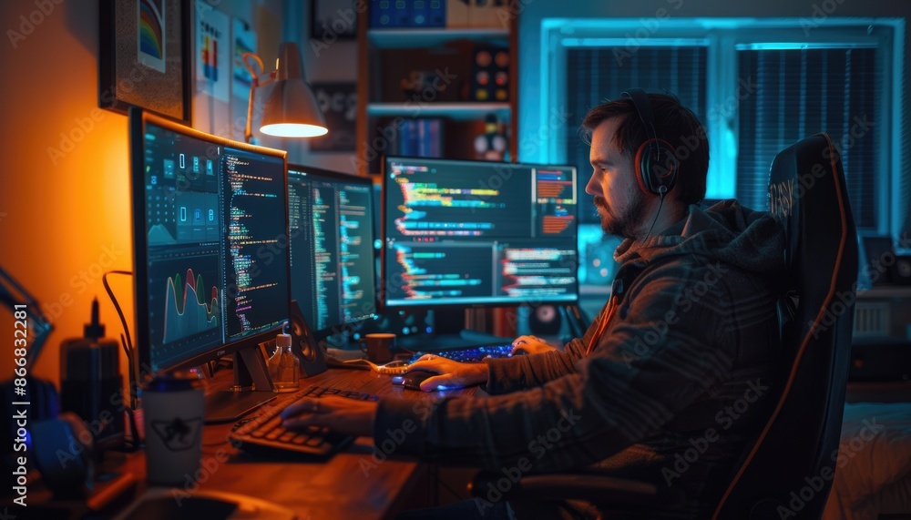 Poster tech-savvy individual coding in a vibrant home office setup with multiple monitors and rgb lighting.