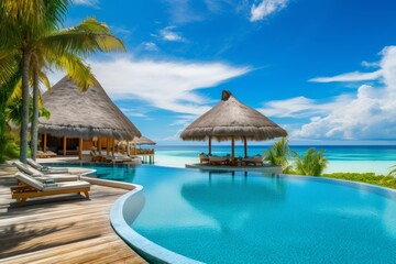 Luxurious maldives resort  poolside oasis with palm trees, sun loungers, and blue sky