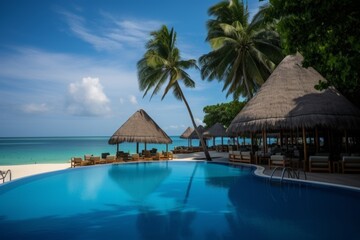 Fototapeta premium Luxurious tropical resort in maldives poolside relaxation with stunning views and serene atmosphere