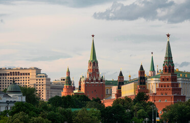 Russia, Moscow, view on Moscow Kremlin on against cloudy sky.